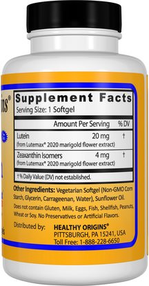 المكملات الغذائية، مضادات الأكسدة، اللوتين Healthy Origins, Lutein, Natural, 20 mg, 60 Veggie Softgels