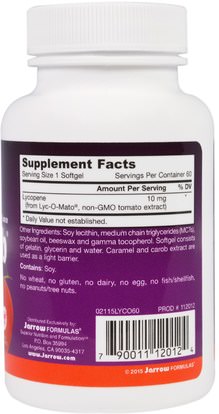 المكملات الغذائية، مضادات الأكسدة، الليكوبين Jarrow Formulas, Lyco-Sorb Lycopene, 10 mg, 60 Softgels