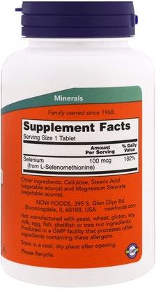 المكملات الغذائية، مضادات الأكسدة، السيلينيوم Now Foods, Selenium, Yeast Free, 100 mcg, 250 Tablets