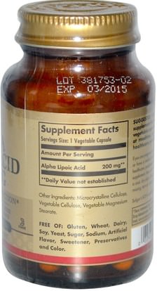 والمكملات الغذائية، ومضادات الأكسدة Solgar, Alpha Lipoic Acid, 200 mg, 50 Vegetable Capsules