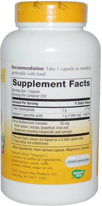 المكملات الغذائية، مضادات الأكسدة، الفيتامينات Natures Way, Vitamin C-1000, With Bioflavonoids, 250 Veggie Caps