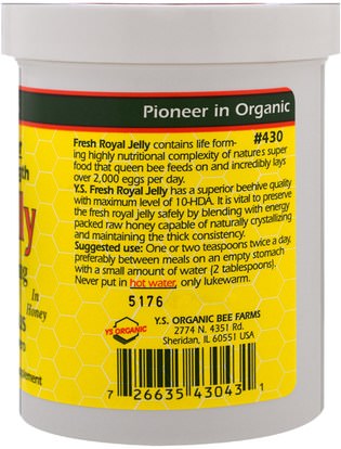 المكملات الغذائية، منتجات النحل، لقاح النحل Y.S. Eco Bee Farms, Royal Jelly in Honey, 625 mg, 11.5 oz (326 g)