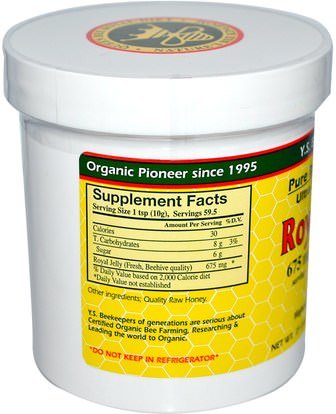 المكملات الغذائية، منتجات النحل، هلام الملكي، الغذاء، المحليات Y.S. Eco Bee Farms, Royal Jelly, in Honey, 675 mg, 21.0 oz (595 g)