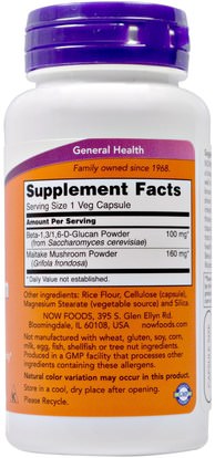 المكملات الغذائية، بيتا جلوكان، الفطر الطبية، الفطر مايتاك Now Foods, Beta-1,3/1,6-D-Glucan, 100 mg, 90 Veggie Caps
