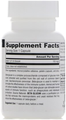 المكملات الغذائية، بيتا جلوكان Source Naturals, Beta Glucan, 100 mg, 30 Capsules