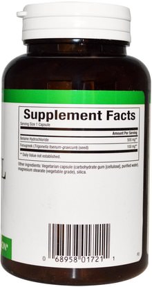 المكملات الغذائية، بيتين هكل، الإنزيمات Natural Factors, Betaine HCL, with Fenugreek, 500 mg, 180 Veggie Caps