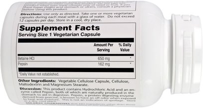 المكملات الغذائية، البيتين هكل Solaray, HCL with Pepsin, 650 mg, 100 Vegetarian Capsules