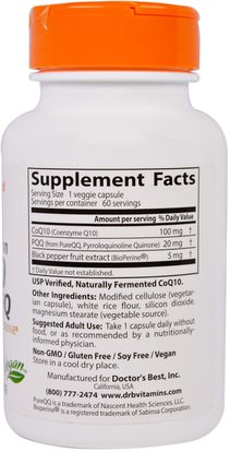 المكملات الغذائية، أنزيم q10، مضادات الأكسدة، بيك (بيوبق) Doctors Best, High Absorption CoQ10, 100 mg, plus PQQ, 20 mg, with PureQQ and BioPERINE, 60 Veggie Caps