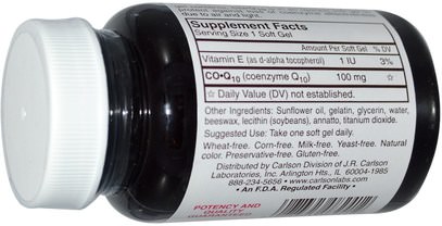 المكملات الغذائية، أنزيم q10، coq10 Carlson Labs, CO-Q10, 100 mg, 90 Soft Gels
