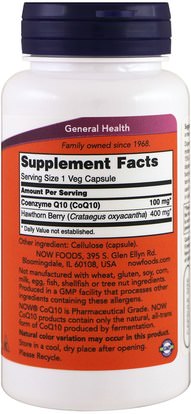 المكملات الغذائية، أنزيم q10، coq10 Now Foods, CoQ10, With Hawthorn Berry, 100 mg, 90 Veg Capsules