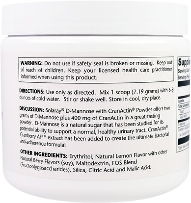 المكملات الغذائية، د- مانوز، الصحة البولية Solaray, D-Mannose with CranActin, Lemon Berry Flavor, 2000 mg, 7.6 oz (216 g)