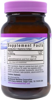 المكملات الغذائية، ايفا اوميجا 3 6 9 (إيبا دا) Bluebonnet Nutrition, Natural Omega-3, Vegetarian DHA, 200 mg, 60 Veggie Softgels