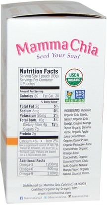 المكملات الغذائية، إيفا أوميجا 3 6 9 (إيبا دا)، بذور شيا Mamma Chia, Chia Squeeze, Vitality Snack, Mango Coconut, 4 Squeezes, 3.5 oz (99 g) Each