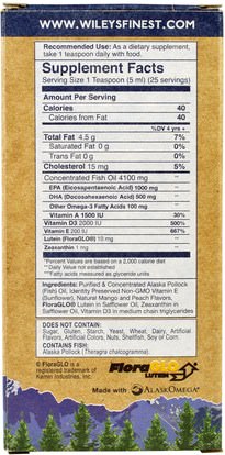 المكملات الغذائية، إيفا أوميجا 3 6 9 (إيبا دا)، دا، إيبا، زيت السمك السائل Wileys Finest, Wild Alaskan Fish Oil, Elementary EPA, For Kids!, Natural Mango Peach Flavor, 1500 mg, 4.23 fl oz (125 ml)