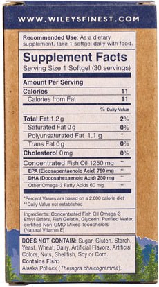 المكملات الغذائية، إيفا أوميجا 3 6 9 (إيبا دا)، دا، إيبا، فيش أويل Wileys Finest, Wild Alaskan Fish Oil, Peak EPA, 1250 mg, 30 Fish Softgels