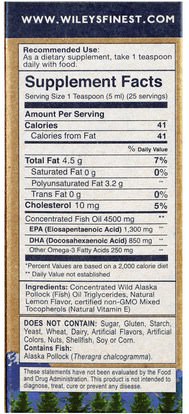 المكملات الغذائية، إيفا أوميجا 3 6 9 (إيبا دا)، دا، إيبا Wileys Finest, Wild Alaskan Fish Oil, Kosher Fish Oil, Natural Lemon Flavor, 4.23 fl oz (125 ml)