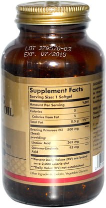 المكملات الغذائية، إيفا أوميجا 3 6 9 (إيبا دا)، زيت زهرة الربيع المسائية Solgar, Evening Primrose Oil, 500 mg, 180 Softgels
