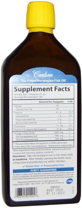 المكملات الغذائية، إيفا أوميجا 3 6 9 (إيبا دا)، زيت السمك Carlson Labs, Norwegian, The Very Finest Fish Oil, Natural Lemon Flavor, 16.9 fl oz (500 ml)