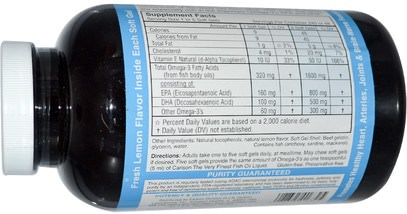 المكملات الغذائية، إيفا أوميجا 3 6 9 (إيبا دا)، زيت السمك، سوفتغيلس زيت السمك Carlson Labs, The Very Finest Fish Oil, 1000 mg, Lemon, 240 Soft Gels