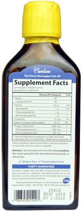 المكملات الغذائية، إيفا أوميجا 3 6 9 (إيبا دا)، زيت السمك Carlson Labs, The Very Finest Fish Oil, Norwegian, Lemon, 6.7 fl oz (200 ml)