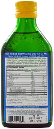 المكملات الغذائية، إيفا أوميجا 3 6 9 (إيبا دا)، زيت السمك، زيت كبد سمك القد Carlson Labs, Kids, Norwegian Cod Liver Oil, Natural Lemon Flavor, 8.4 fl oz (250 ml)