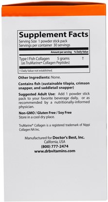 المكملات الغذائية، إيفا أوميجا 3 6 9 (إيبا دا)، زيت السمك Doctors Best, Fish Collagen With TruMarine Collagen, 30 Powder Stick Packs