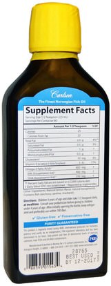 المكملات الغذائية، إيفا أوميجا 3 6 9 (إيبا دا)، زيت السمك، زيت السمك السائل Carlson Labs, Kids, The Very Finest Fish Oil, Natural Lemon Flavor, 6.7 fl oz (200 ml)