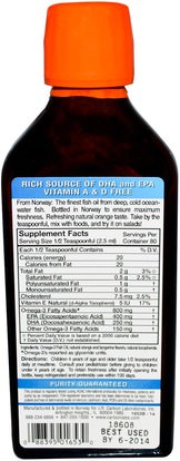 المكملات الغذائية، إيفا أوميجا 3 6 9 (إيبا دا)، زيت السمك، زيت السمك السائل Carlson Labs, Kids,The Very Finest Fish Oil, Natural Orange Flavor, 6.7 fl oz (200 ml)