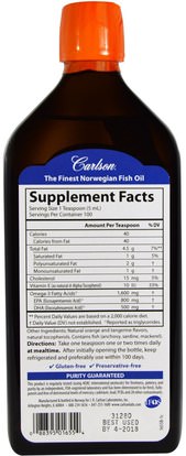 المكملات الغذائية، إيفا أوميجا 3 6 9 (إيبا دا)، زيت السمك، زيت السمك السائل Carlson Labs, Norwegian, The Very Finest Fish Oil, Natural Orange Flavor, 16.9 fl oz (500 ml)