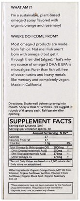 المكملات الغذائية، إيفا أوميجا 3 6 9 (إيبا دا)، زيت السمك السائل Ora, Nothing Fishy Here, Plant-Based Omega-3 Spray, Fresh Orange, 2 fl oz (60 ml)