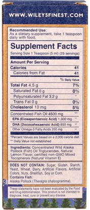 المكملات الغذائية، إيفا أوميجا 3 6 9 (إيبا دا)، زيت السمك السائل Wileys Finest, Wild Alaskan Fish Oil, Peak Omega-3 Liquid, Natural Lemon Flavor, 2150 mg, 4.23 fl oz (125 ml)