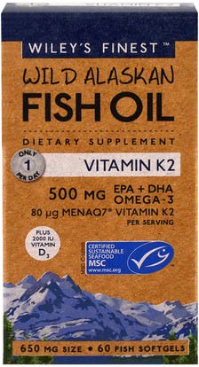 المكملات الغذائية، إيفا أوميجا 3 6 9 (إيبا دا)، زيت السمك Wileys Finest, Wild Alaskan Fish Oil, Vitamin K2, 60 Fish Oil Softgels