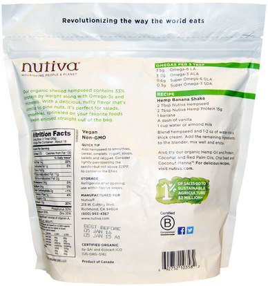 المكملات الغذائية، إيفا أوميجا 3 6 9 (إيبا دا)، منتجات القنب، قصف بذور القنب Nutiva, Organic Hemp Seed, Raw Shelled, 19 oz (539 g)