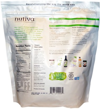 المكملات الغذائية، إيفا أوميجا 3 6 9 (إيبا دا)، منتجات القنب، قصف بذور القنب Nutiva, Organic Hemp Seed Raw Shelled, 3 lbs (1.36 kg)
