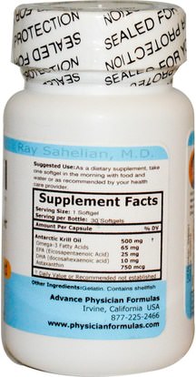 المكملات الغذائية، إيفا أوميجا 3 6 9 (إيبا دا)، زيت الكريل Advance Physician Formulas, Inc., Krill Oil, 500 mg, 30 Softgels