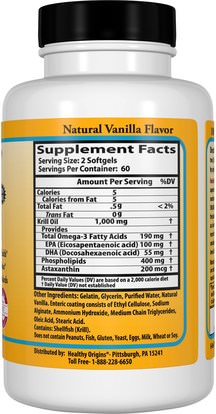 المكملات الغذائية، إيفا أوميجا 3 6 9 (إيبا دا)، زيت الكريل Healthy Origins, Krill Oil, Natural Vanilla Flavor, 500 mg, 120 Softgels