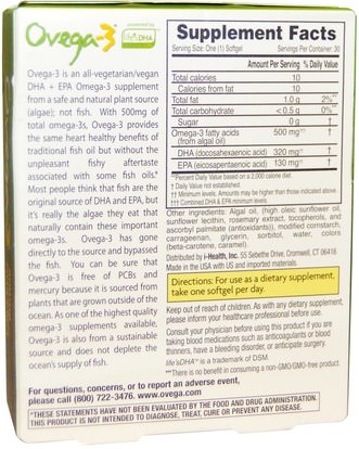 المكملات الغذائية، إيفا أوميجا 3 6 9 (إيبا دا)، أوميغا 369 قبعات / علامات التبويب Ovega-3, Omega-3s DHA + EPA, 500 mg, 30 Veggie Softgels