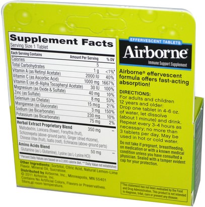 المكملات الغذائية، فوارة، إفيرزانسنس المحمولة جوا AirBorne, Blast of Vitamin C, Lemon-Lime, 10 Effervescent Tablets