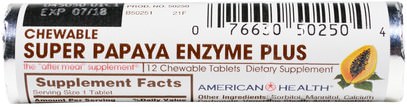 المكملات الغذائية، الانزيمات، البابايا غراء، الانزيمات الهاضمة American Health, Super Papaya Enzyme Plus Chewable Tablets, 16 Rolls, 12 Tablets Each