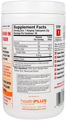 المكملات الغذائية، والألياف، السموم، تطهير القولون Health Plus Inc., Colon Cleanse, Sweetened with Stevia, Refreshing Orange Flavor, 9 oz (255 g)