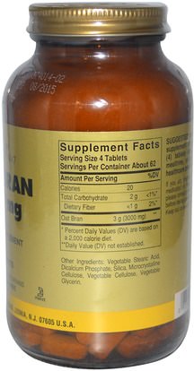 المكملات الغذائية، الألياف، نخالة الشوفان Solgar, Oat Bran, 750 mg, 250 Tablets