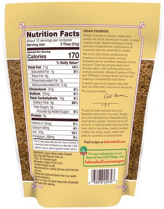المكملات الغذائية، بذور الكتان Bobs Red Mill, Organic Whole Golden Flaxseed, 13 oz (368 g)
