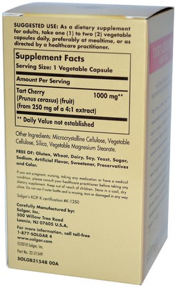 المكملات الغذائية، مقتطفات الفاكهة، الكرز (الفاكهة السوداء البرية)، مضادات الأكسدة Solgar, Tart Cherry, 1000 mg, 90 Vegetable Capsules