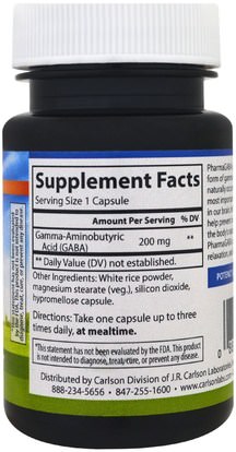 المكملات الغذائية، غابا (حمض غاما أمينوبوتيريك) Carlson Labs, Pharma GABA, 200 mg, 50 Veggie Caps