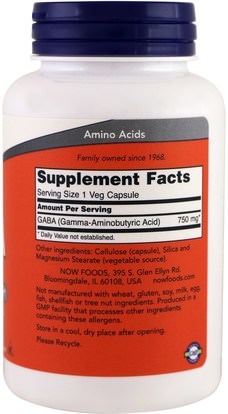 المكملات الغذائية، غابا (حمض غاما أمينوبوتيريك) Now Foods, GABA, 750 mg, 100 Veg Capsules