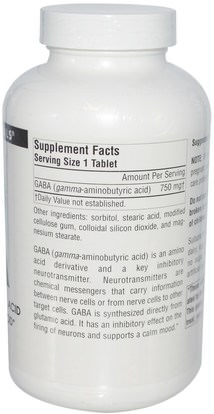 المكملات الغذائية، غابا (حمض غاما أمينوبوتيريك) Source Naturals, GABA, 750 mg, 180 Tablets