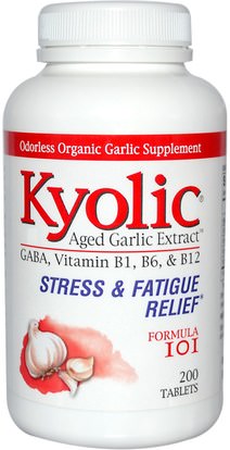 المكملات الغذائية، غابا (حمض غاما أمينوبوتيريك)، فارما غابا Wakunaga - Kyolic, Aged Garlic Extract, Stress & Fatigue Relief, Formula 101, 200 Tablets