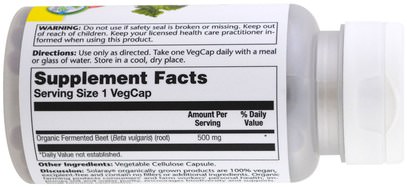 المكملات الغذائية، الأعشاب، الجذر مسحوق البنجر Solaray, Organically Grown Fermented Beet, 500 mg, 100 Veggie Caps