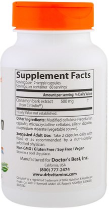 المكملات الغذائية، الأعشاب Doctors Best, Cinnamon Extract with CinSulin, 250 mg, 120 Veggie Caps