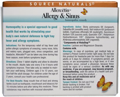 والمكملات الغذائية، المثلية، والحساسية Source Naturals, Allercetin, Allergy & Sinus, 48 Homeopathic Tablets